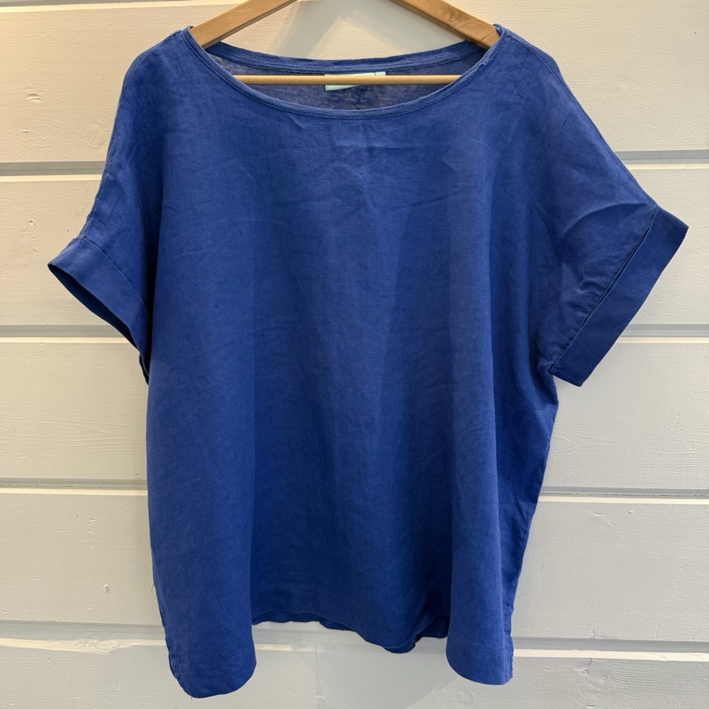 Blue illusion women french linen t shirt in blue (2X), preppy, beach, resort